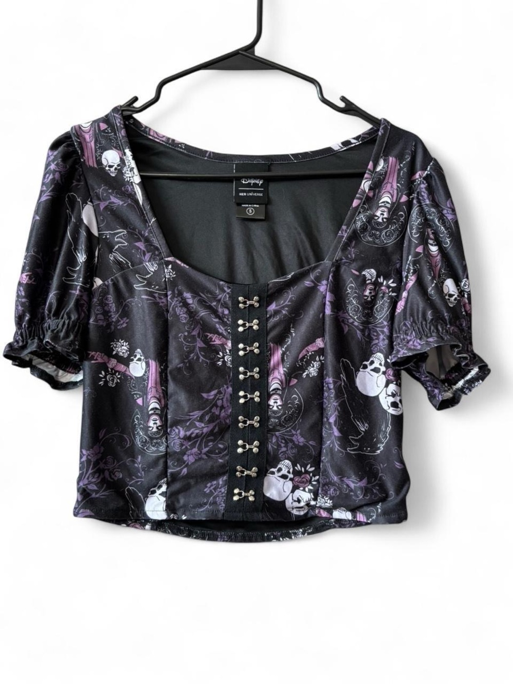 Disney Black & Purple Gothic Skull Hook-Front Scoop Crop Top